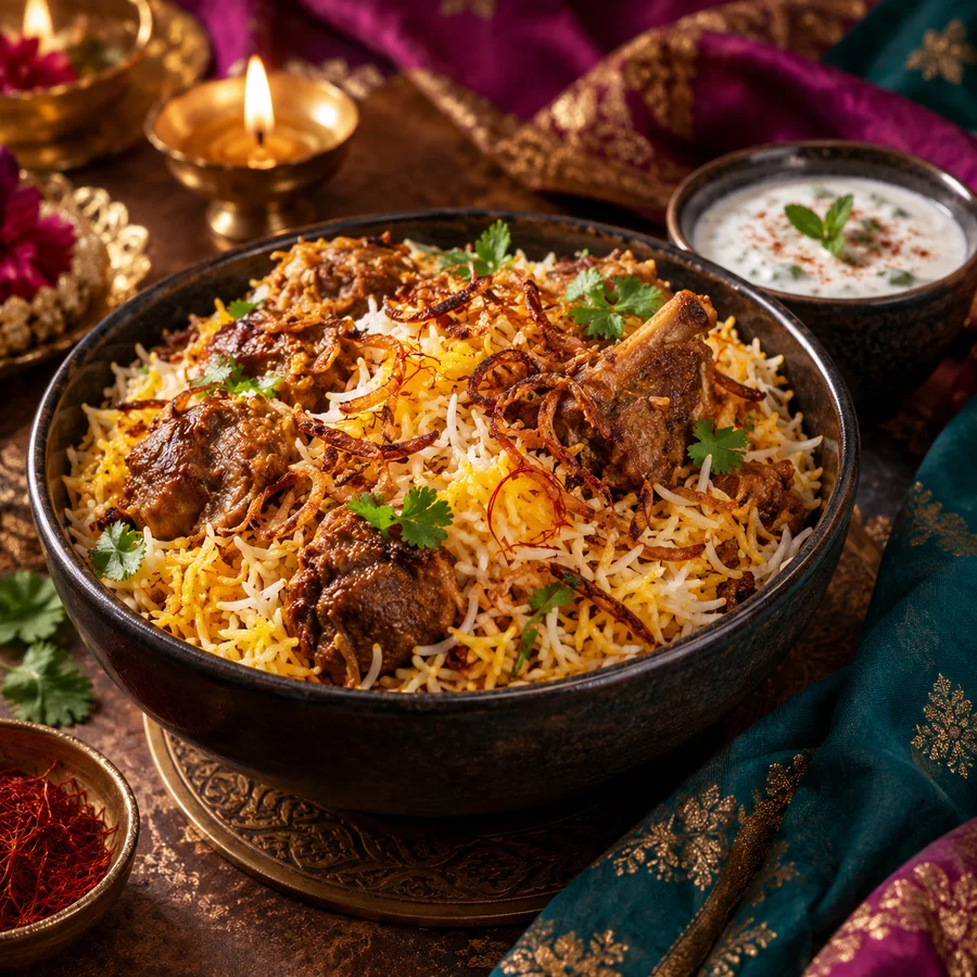 Illustrative mutton biryani with saffron rice and raita