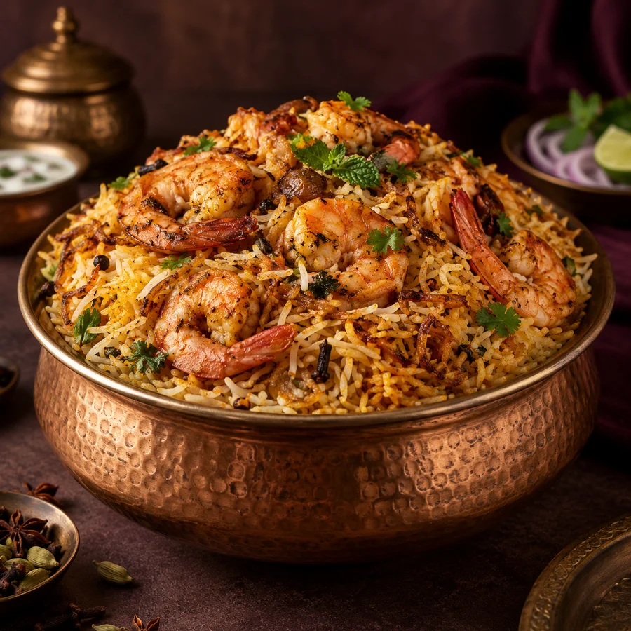 Illustrative prawn biryani in a copper bowl